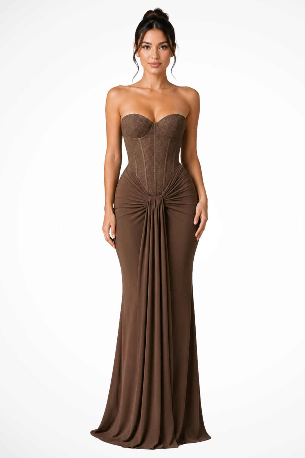 Formal women's strapless maxi dress, a chic mermaid silhouette and elegant corset bodice.