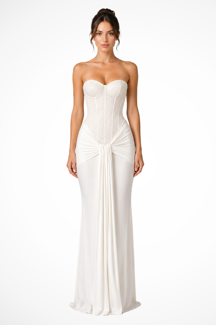 Women's occasion dress: elegant strapless mermaid maxi with a structured corset bodice.