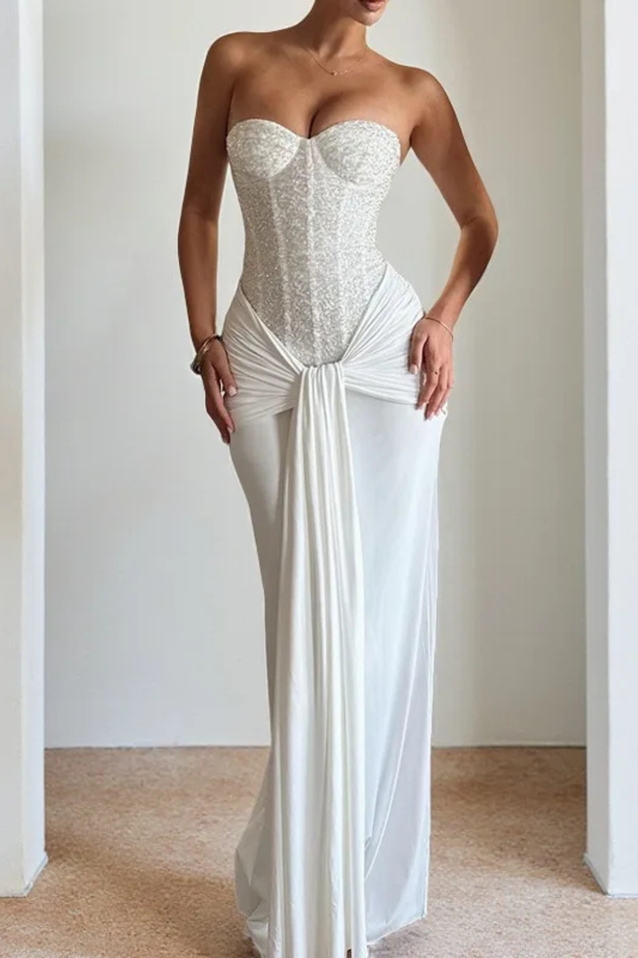 Beautiful women's evening gown, a strapless mermaid maxi dress with an elegant corset design.