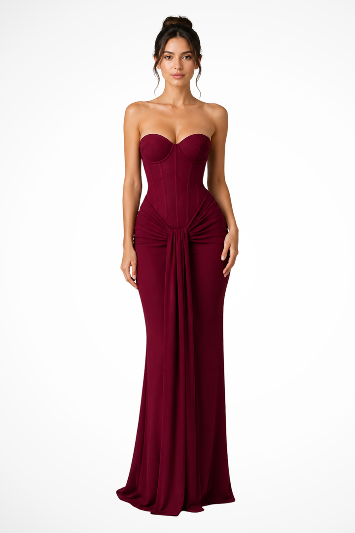 Chic women's strapless mermaid maxi dress, ideal for formal evening events, with corset detail.