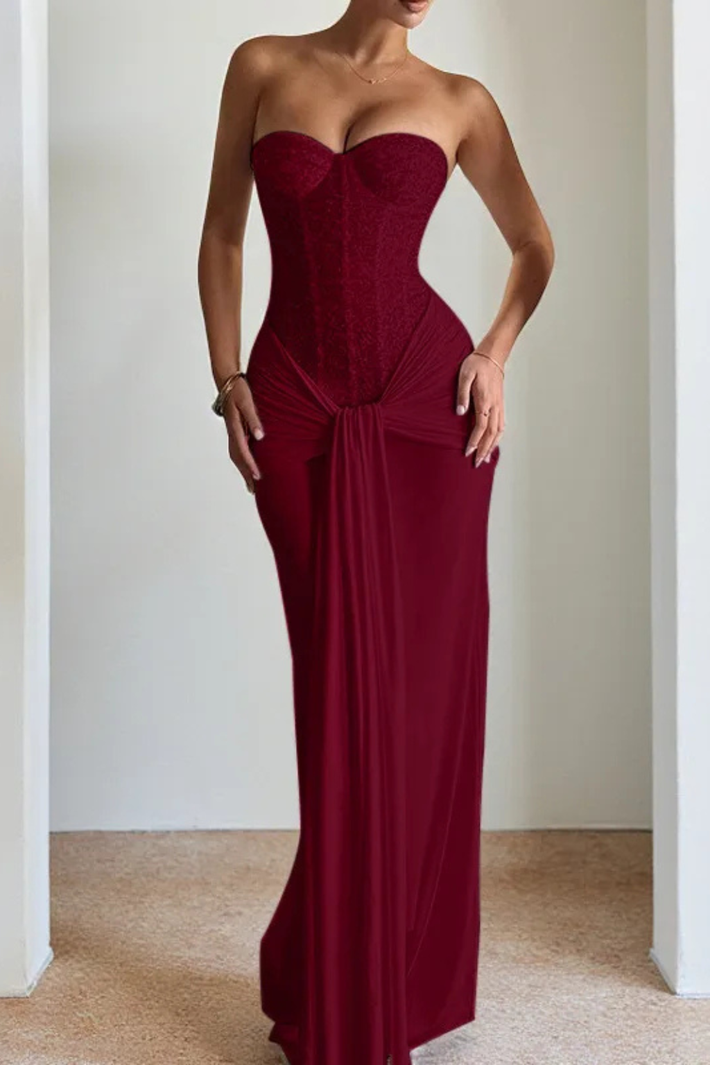 Elegant women's formal strapless maxi gown, a mermaid style dress featuring a corset bodice.