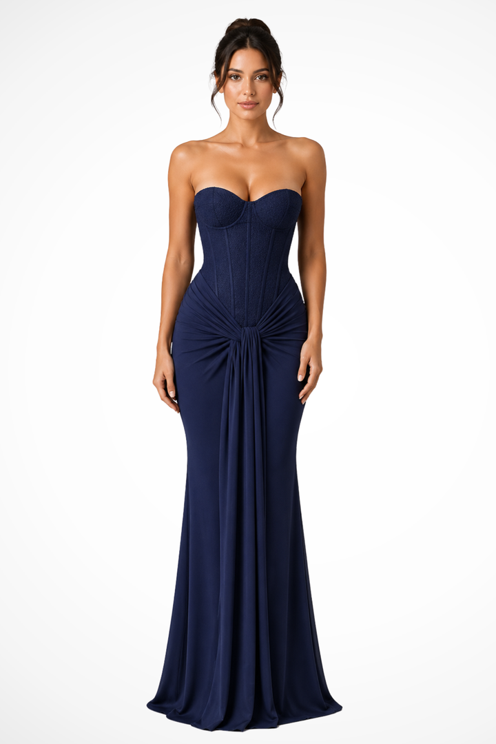 Stunning women's occasion dress: strapless mermaid maxi with an elegant corset and sweetheart neckline.