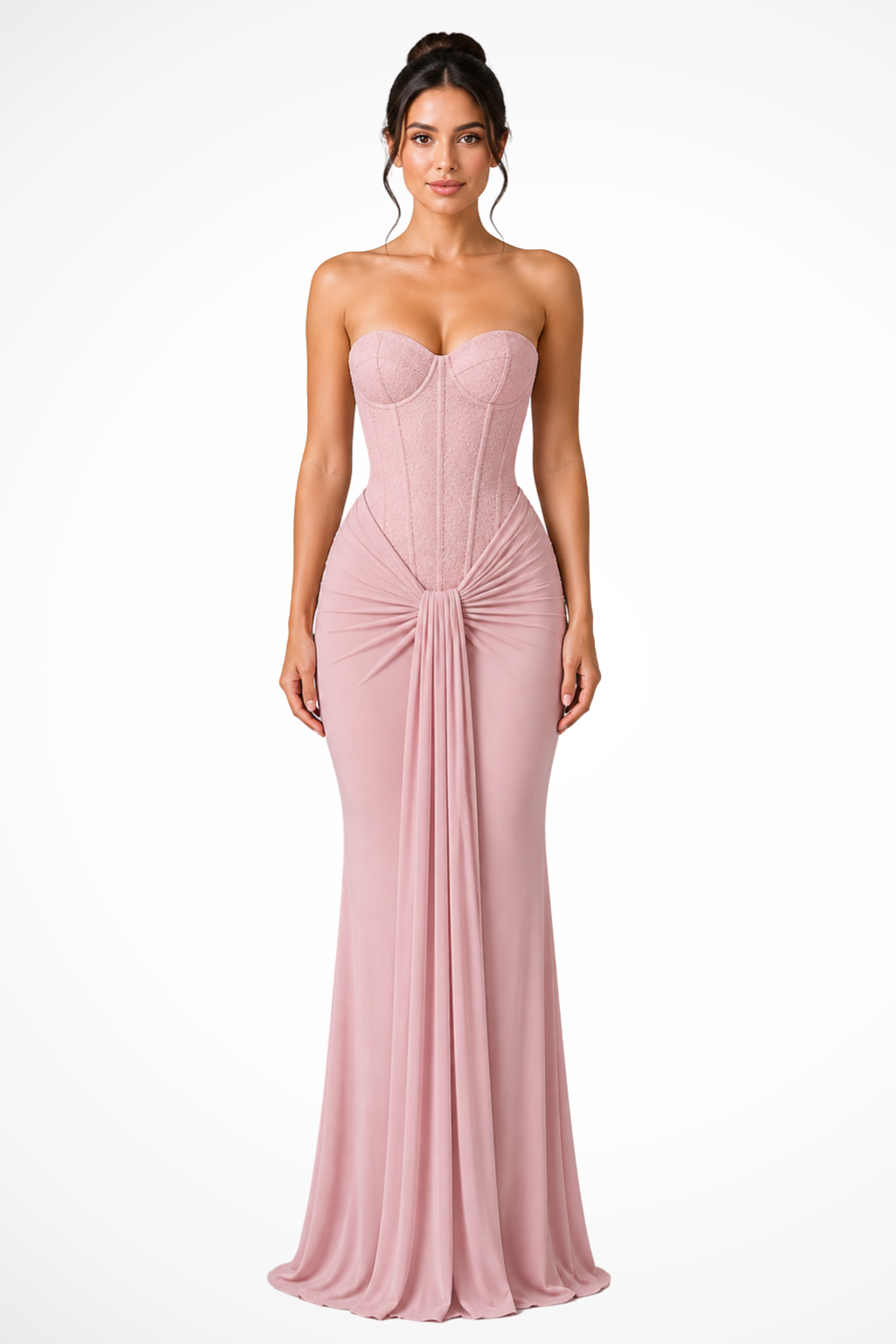 Women's elegant strapless evening gown, a mermaid maxi dress with a sophisticated corset top.