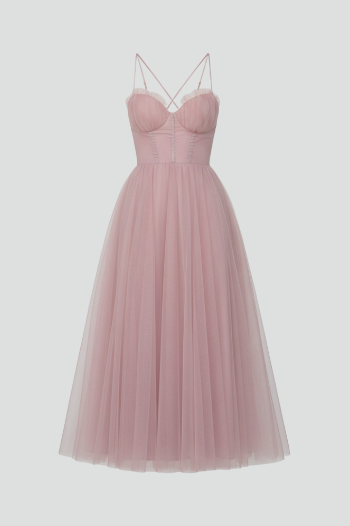 Elegant women's strapless midi dress with a fitted bodice and beautiful layered skirt, perfect for evening parties.