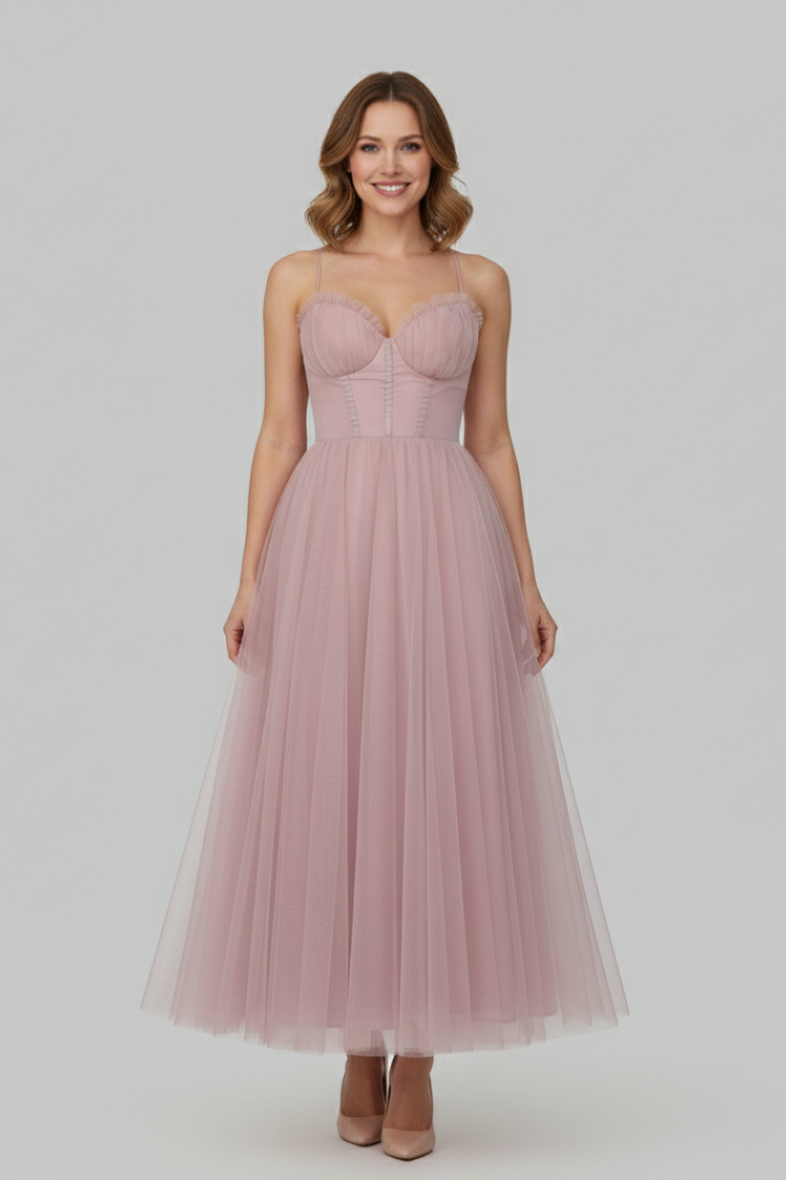 Chic strapless midi cocktail dress for women, featuring an elegant layered skirt, ideal for special occasion formalwear.