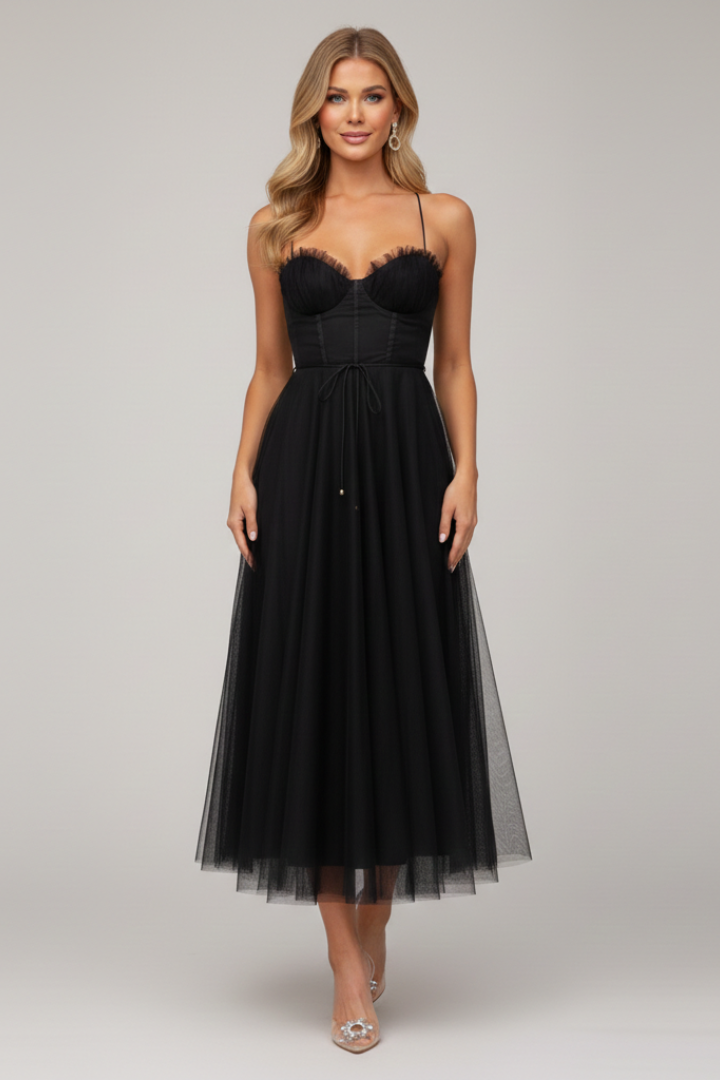 Women's strapless midi evening gown showcasing a stylish fitted bodice and a flowing, elegant layered skirt.