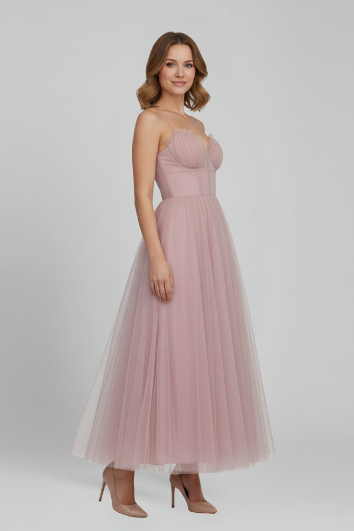 Formal women's strapless midi dress, an elegant evening gown with a flattering fitted bodice and a chic layered skirt.