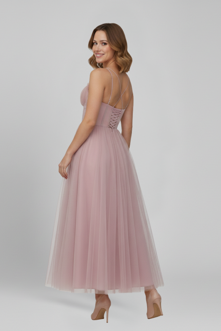 Stunning women's strapless midi gown, perfect as a party or cocktail dress, with an elegant layered skirt.