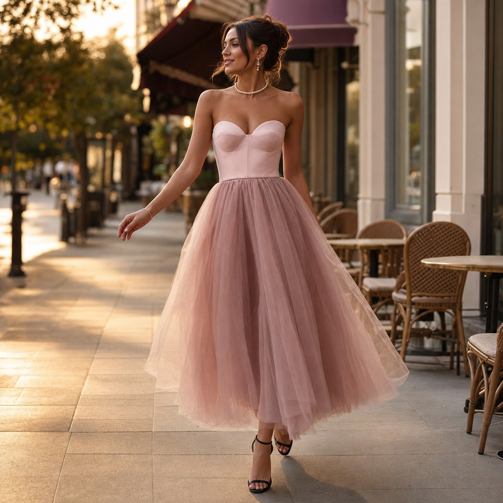 Women's strapless pleated long formal gown, ideal for wedding guests, prom, or gala events.