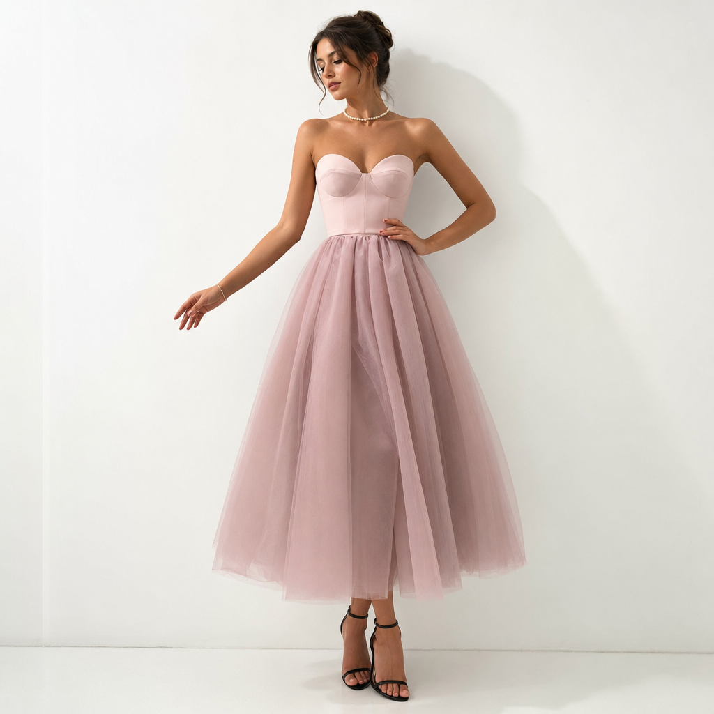 Chic women's strapless pleated maxi dress, an elegant formal evening gown for special occasions.