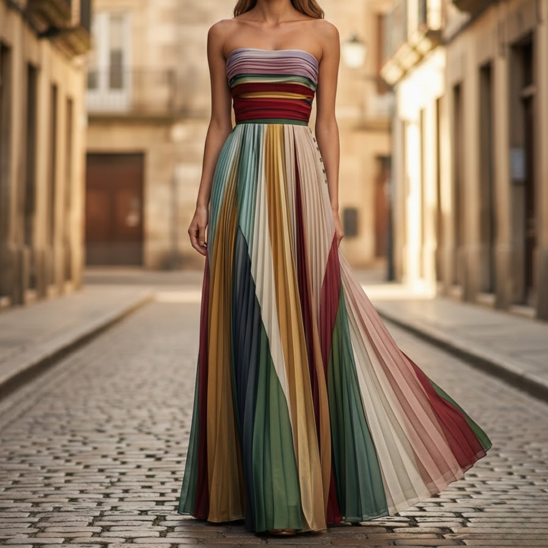 Elegant women's strapless pleated summer dress in a flowy fabric, perfect for parties or wedding guests.