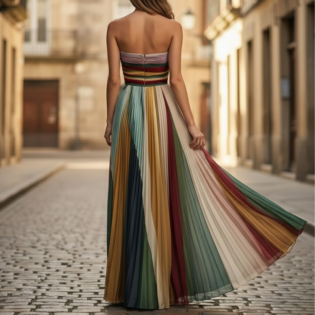 Casual women's strapless summer dress with delicate pleats, ideal for beach outings or an elegant daytime look.