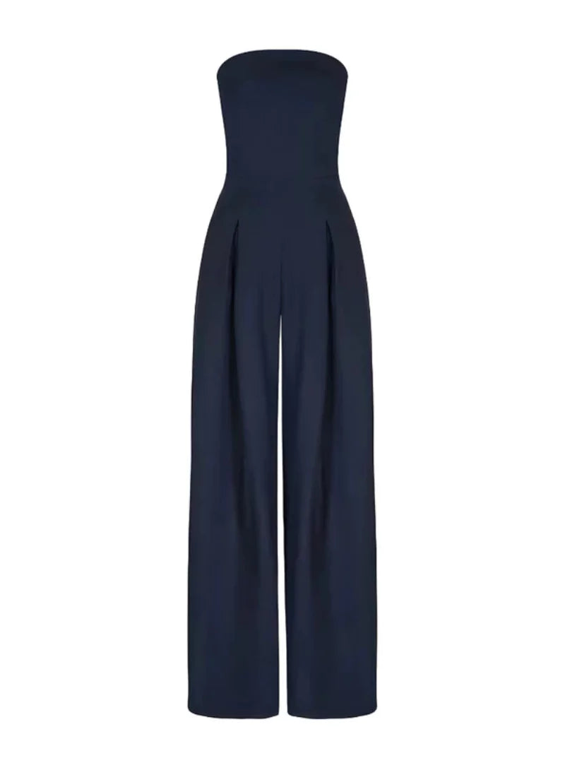 Women's tailored fit strapless jumpsuit with elegant wide-legs, suitable for evening wear and formal events.
