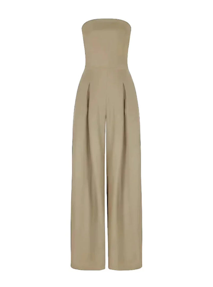 Formal women's strapless wide-leg jumpsuit for chic evening wear, parties, and sophisticated wedding guests.