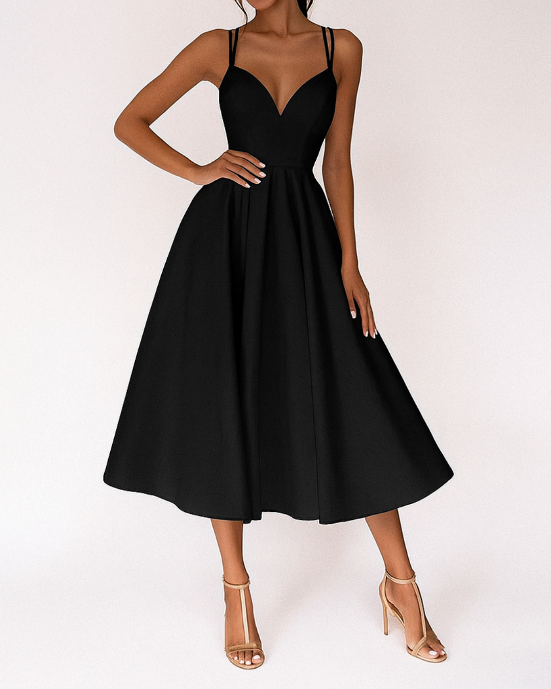 Stylish women's strappy red midi dress, a chic and elegant choice for a wedding or special occasion