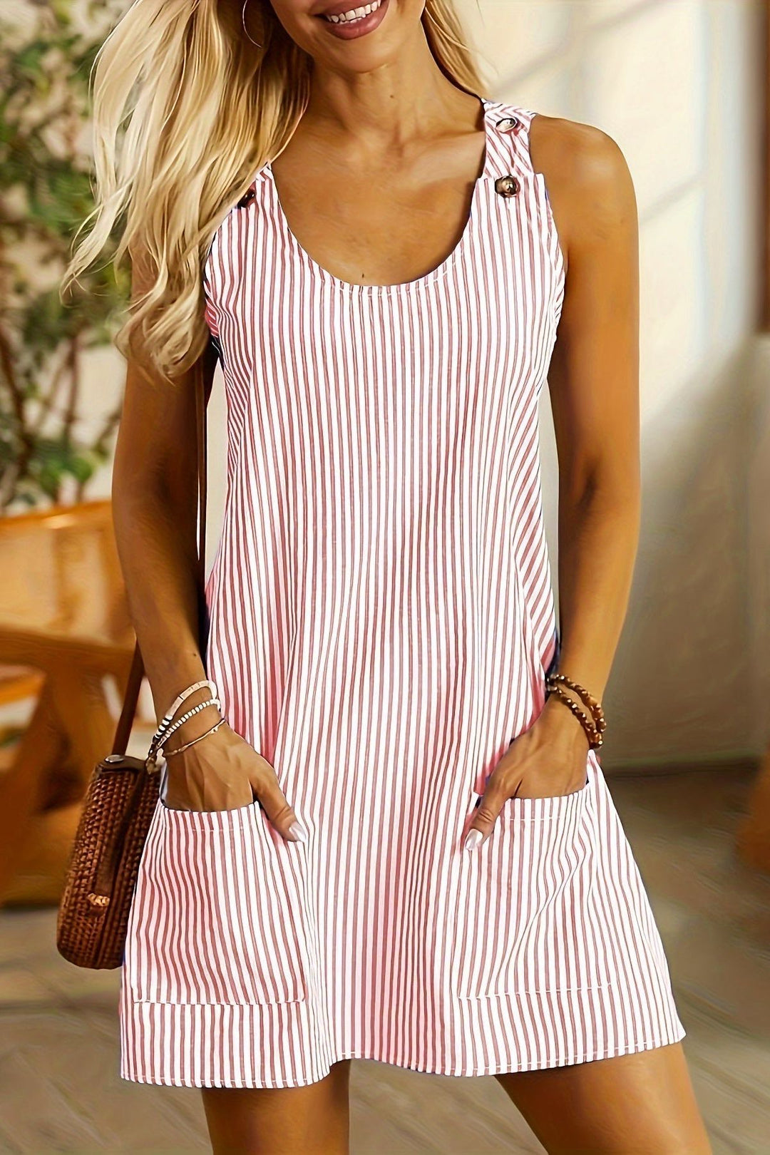 Flattering women's casual striped mini dress. Elegant design, ideal for spring & summer fashion.