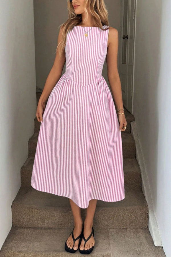 Lightweight striped pleated halter neck midi dress for women, ideal as a comfortable summer or beach outfit.