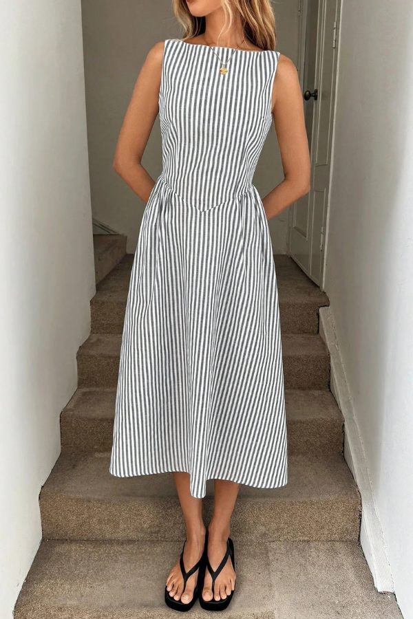 Chic women's striped pleated halter neck midi dress, a perfect elegant summer dress or versatile casual wear.