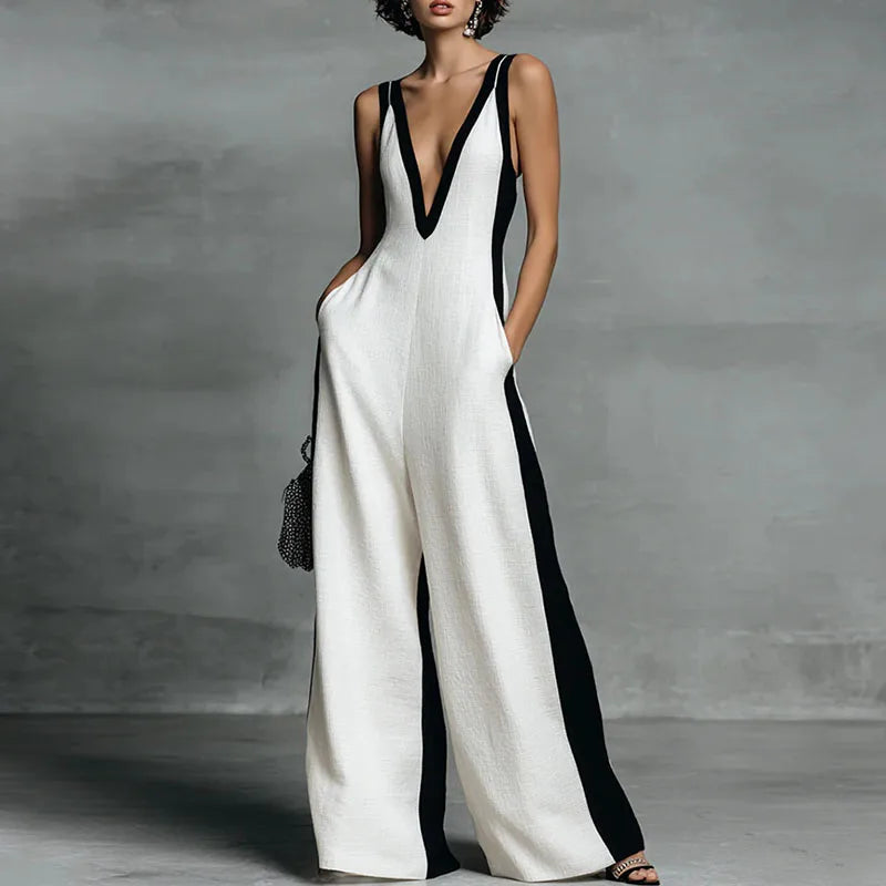 Elegant women's striped wide-leg jumpsuit with V-neck, perfect for summer casual or vacation wear.