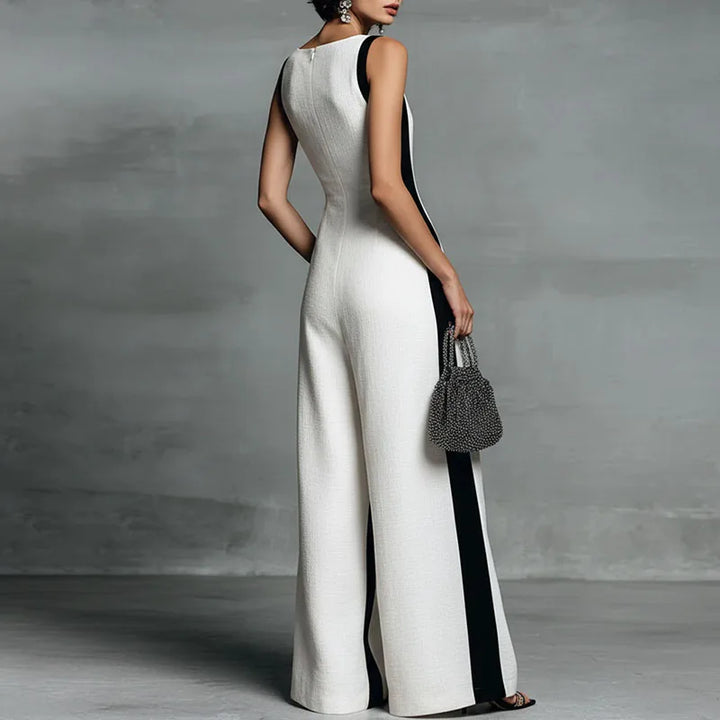 Sleeveless V-neck striped wide-leg jumpsuit for women, a comfortable and elegant one-piece summer outfit.