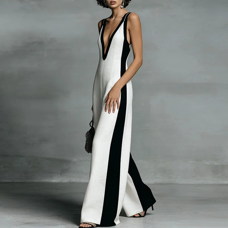 Stylish women's wide-leg jumpsuit, striped with a V-neck. Ideal elegant casual wear for summer vacations.