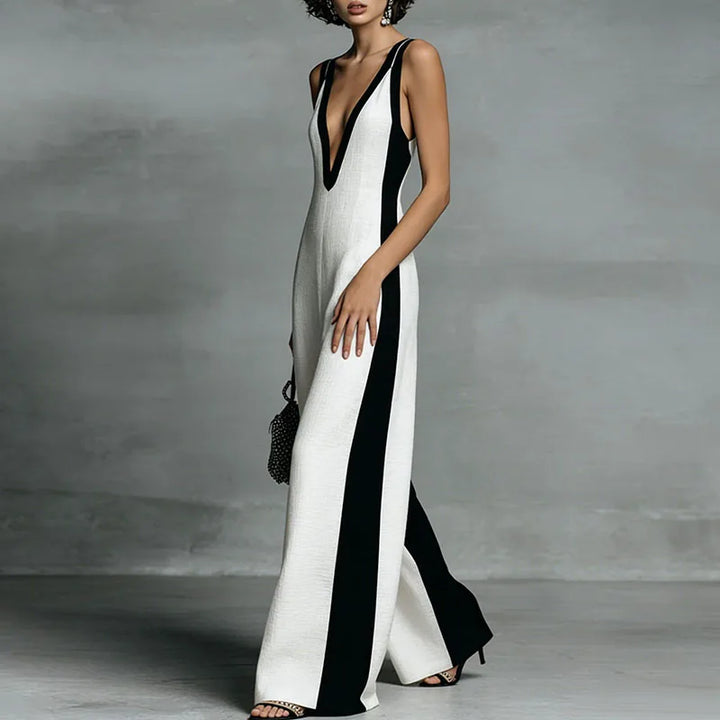 Stylish women's wide-leg jumpsuit, striped with a V-neck. Ideal elegant casual wear for summer vacations.