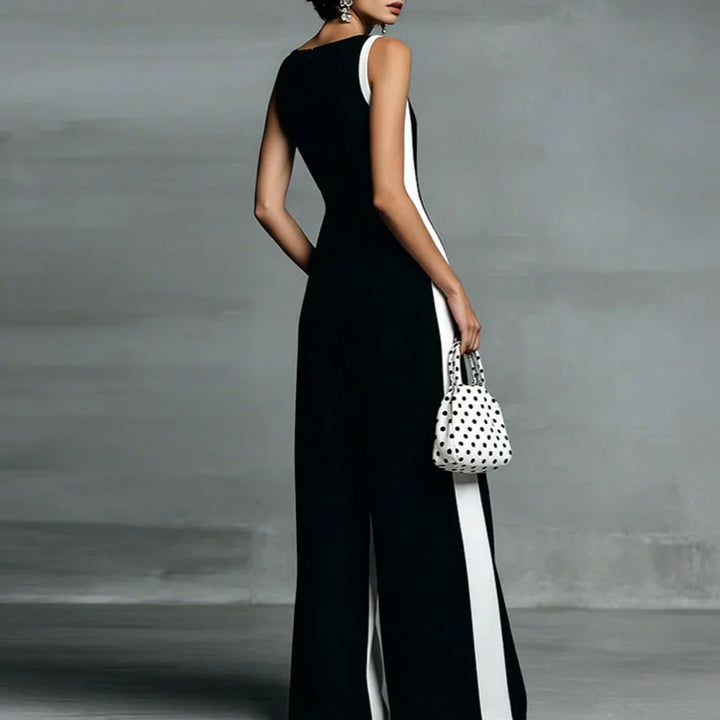 Women's elegant striped wide-leg one-piece jumpsuit. Features a V-neck and sleeveless design for summer.