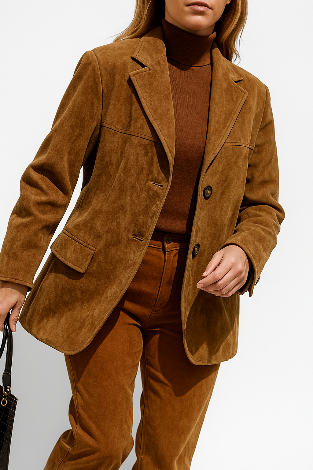 Women's fashion blazer in rich suede, long sleeve design, suitable for elegant and casual outfits.