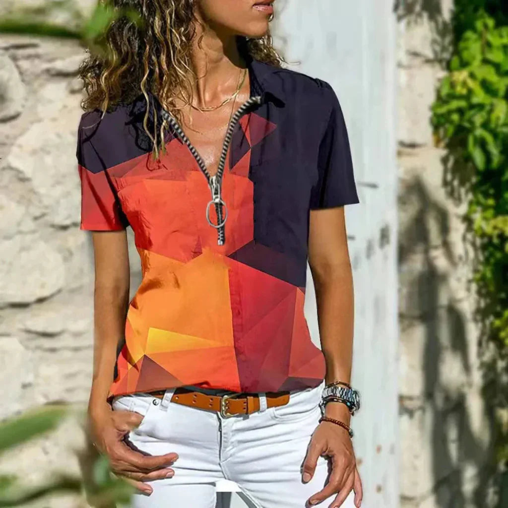 Chic women's button-down blouse, an elegant summer top with puff sleeves for versatile modern style.