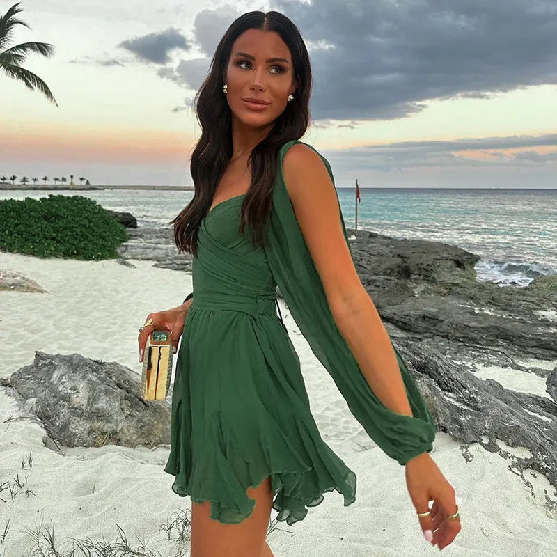 Women's elegant long sleeve mini dress, a perfect casual dress for warm summer days and evenings.