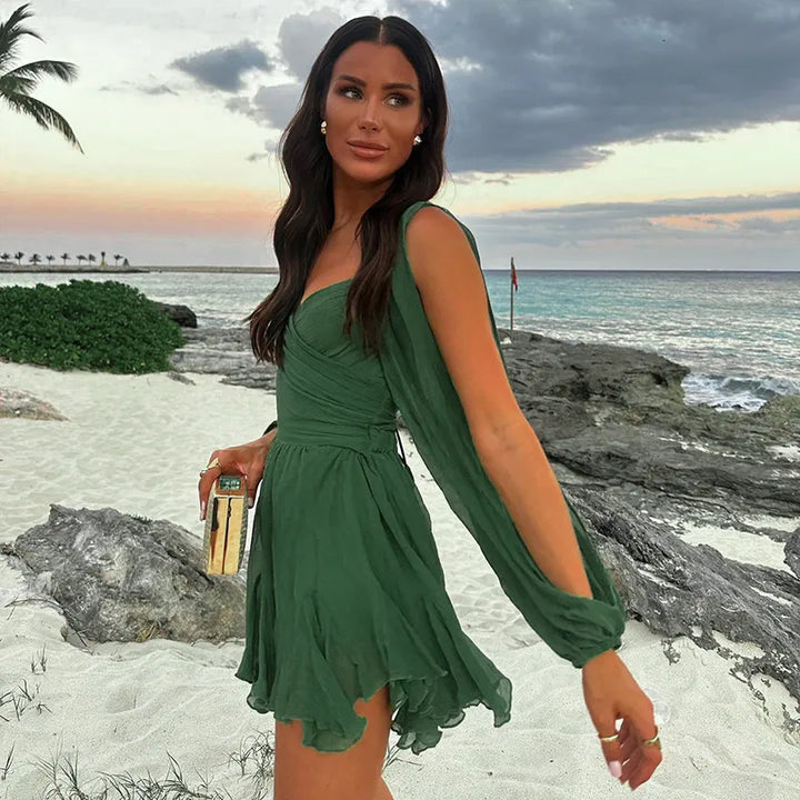 Women's elegant long sleeve mini dress, a perfect casual dress for warm summer days and evenings.