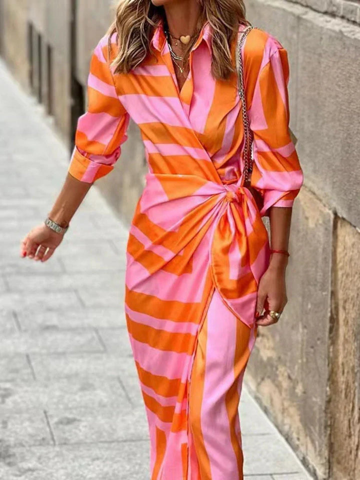 Women's elegant summer wrap maxi dress featuring a chic collar & short sleeves, a stylish choice for spring fashion.