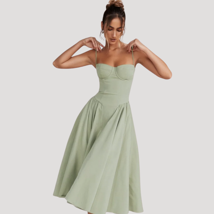 Elegant women's sweetheart corset midi dress, A-line formal gown perfect for evening events & galas.