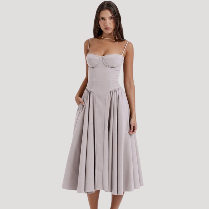 Sophisticated women's wedding guest midi dress with sweetheart corset top and elegant A-line formal design.