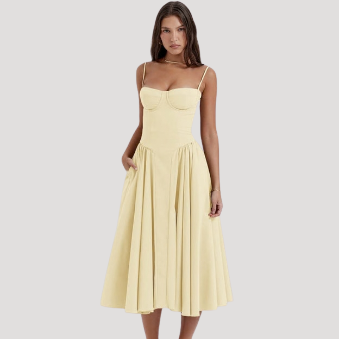 Glamorous women's A-line evening gown: midi length, sweetheart neckline, and a flattering corset bodice.