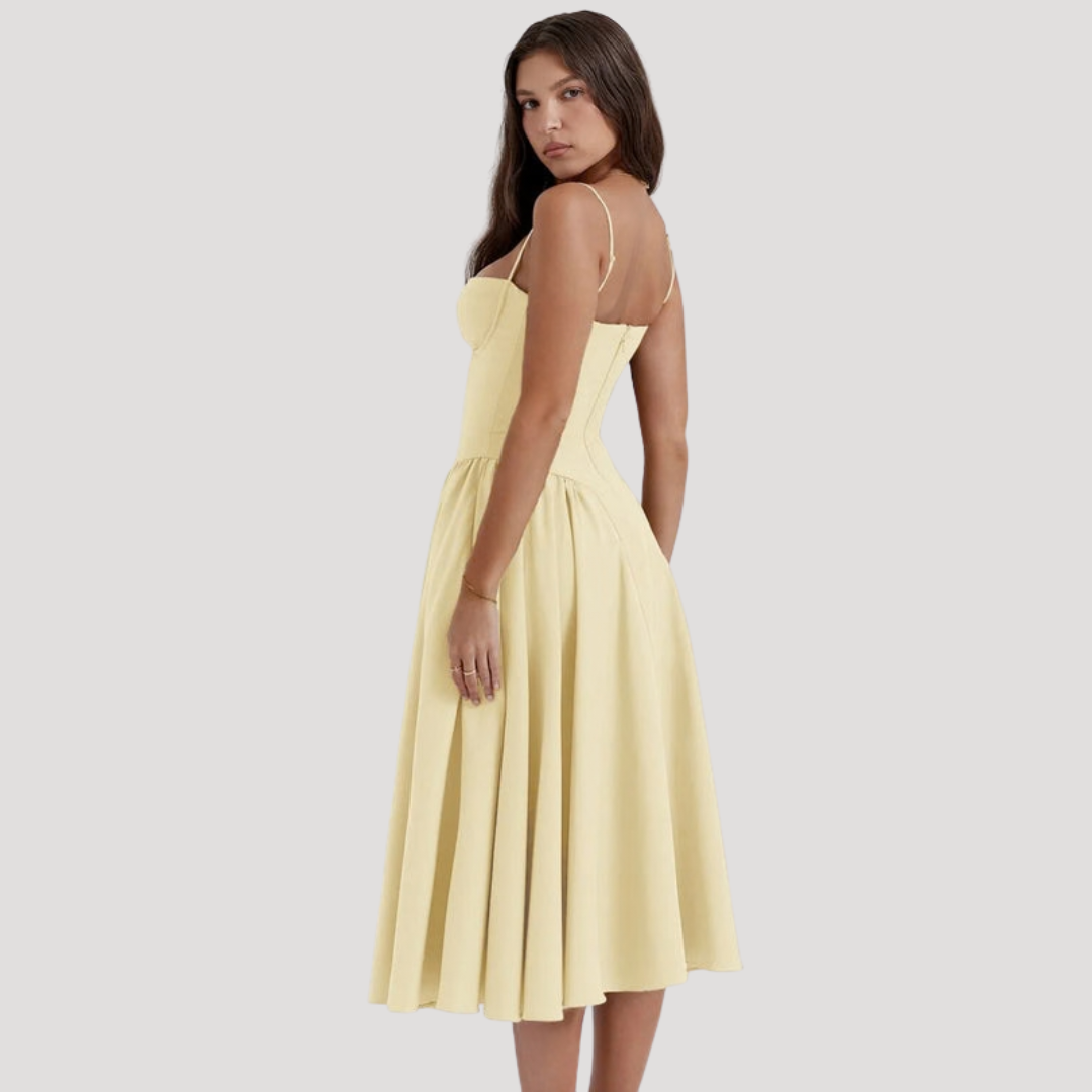 Women's formal midi dress with a fitted corset, sweetheart neckline, and a flowing A-line skirt. Elegant & chic.