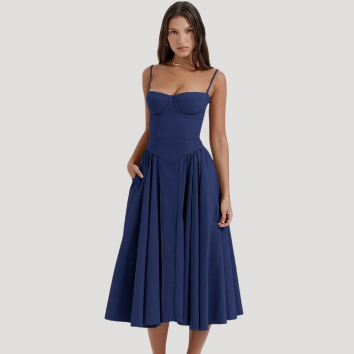 Stunning sweetheart neckline corset midi dress for women. A-line silhouette, ideal for prom or formal occasions.