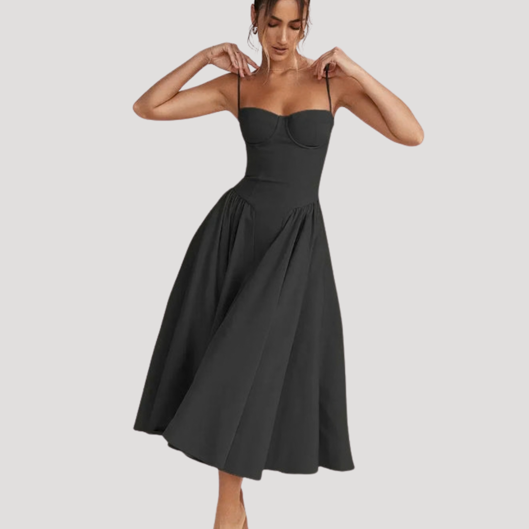 Chic women's evening gown: A-line midi dress featuring a structured sweetheart corset top and flowing skirt.