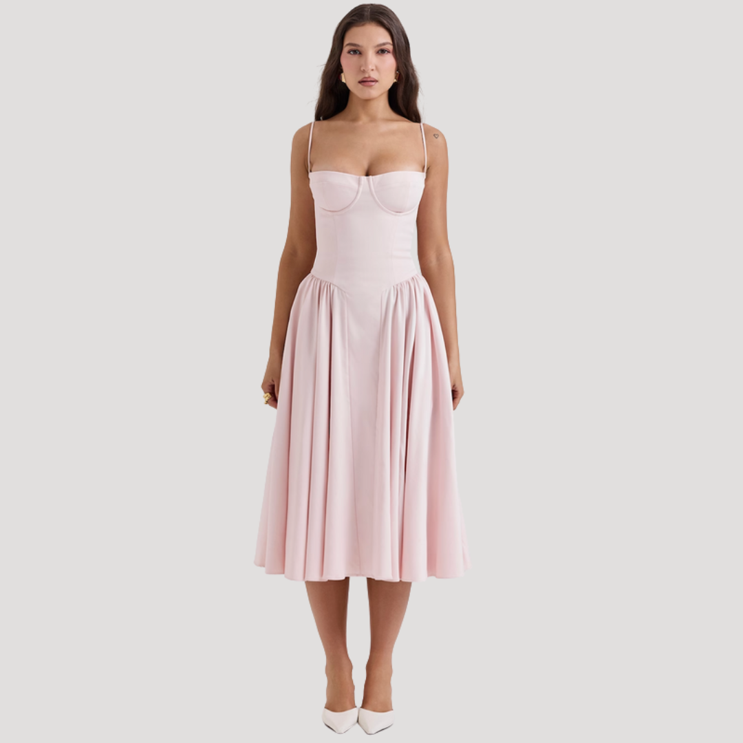 Detailed view of the sweetheart corset bodice on a sophisticated A-line formal midi dress for women.