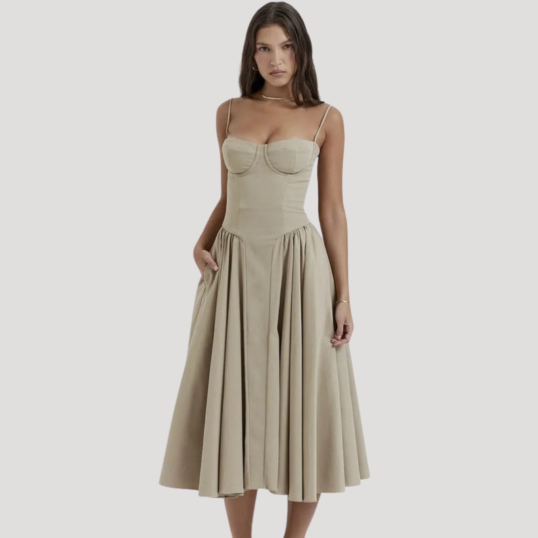 Back view of a graceful women's A-line midi dress, showcasing its elegant formal design and silhouette.