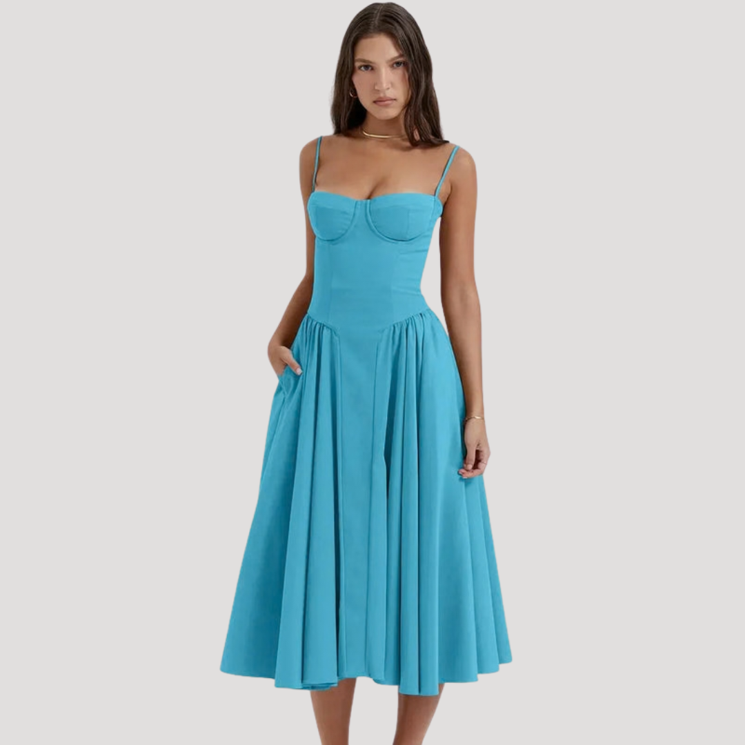 Luxurious women's midi dress with a sweetheart neckline and corset detail, a perfect elegant prom or gala dress.