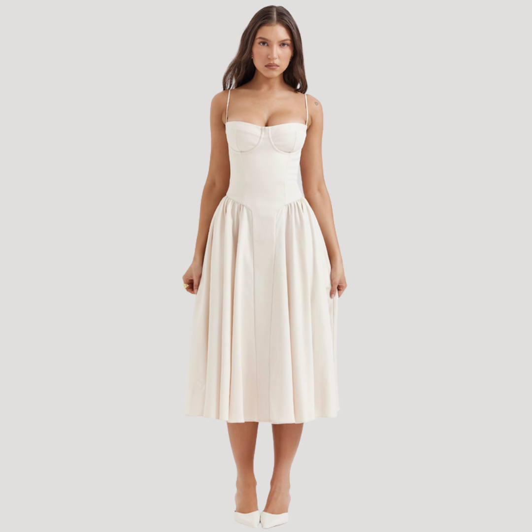Stylish A-line formal midi dress for women, featuring a classic sweetheart corset top and flattering cut.