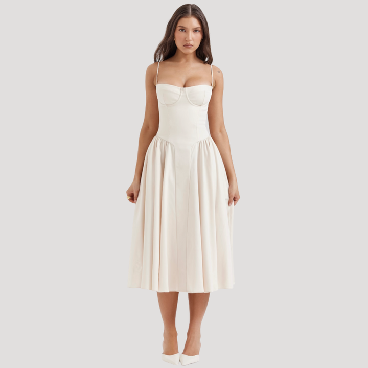 Stylish A-line formal midi dress for women, featuring a classic sweetheart corset top and flattering cut.