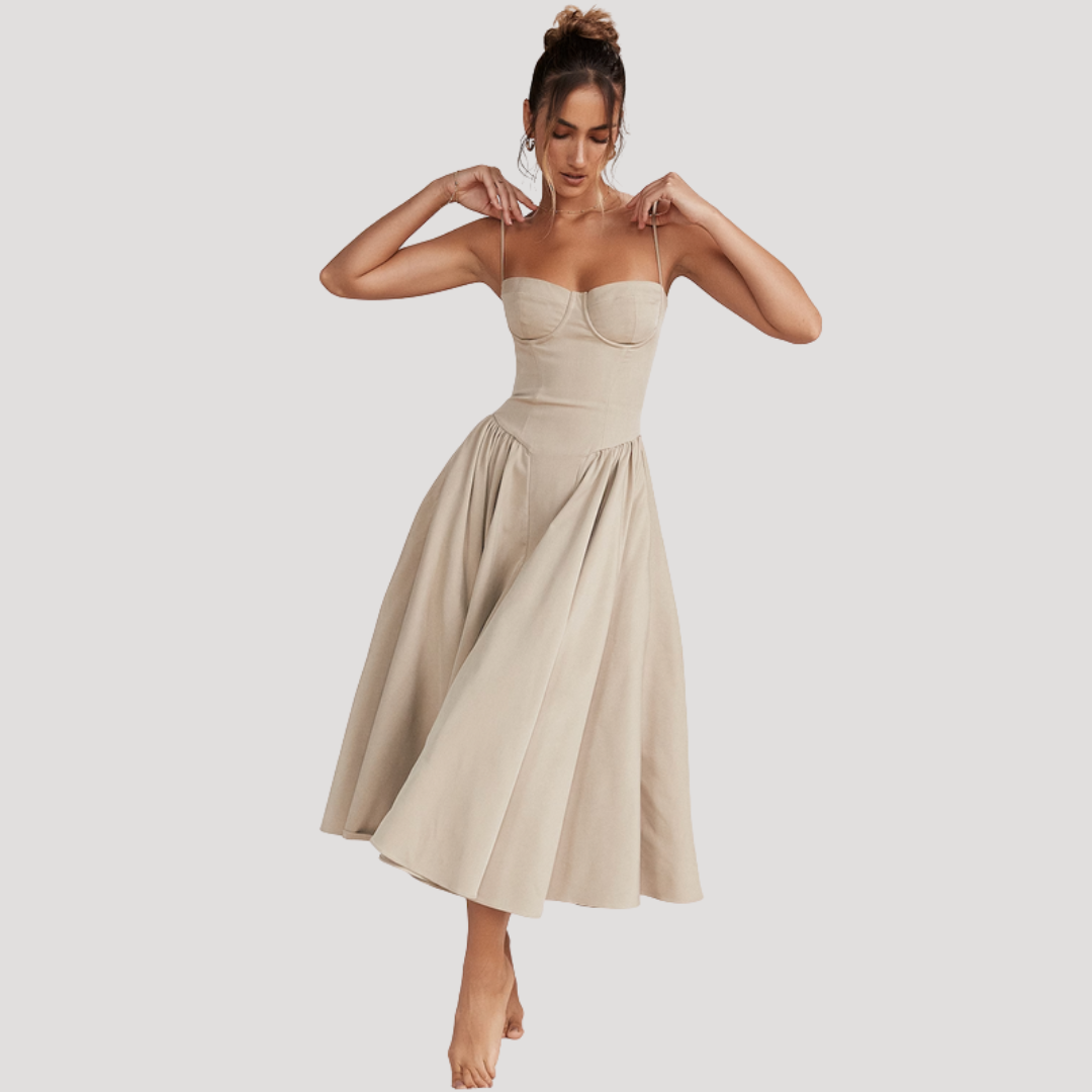 Front view of an elegant women's sweetheart corset midi dress, an A-line formal gown for special events.