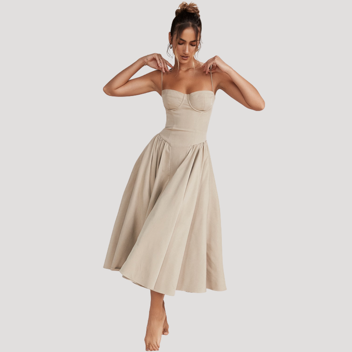 Front view of an elegant women's sweetheart corset midi dress, an A-line formal gown for special events.