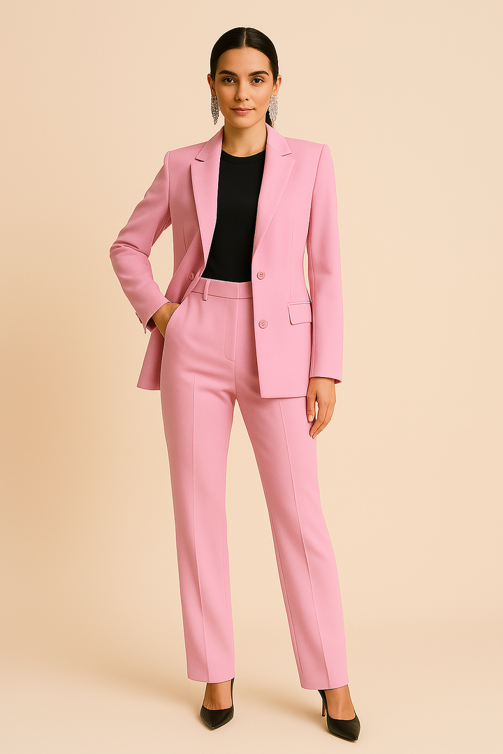 Elegant women's tailored blazer & straight leg pants suit set. Perfect two-piece professional business formal outfit.