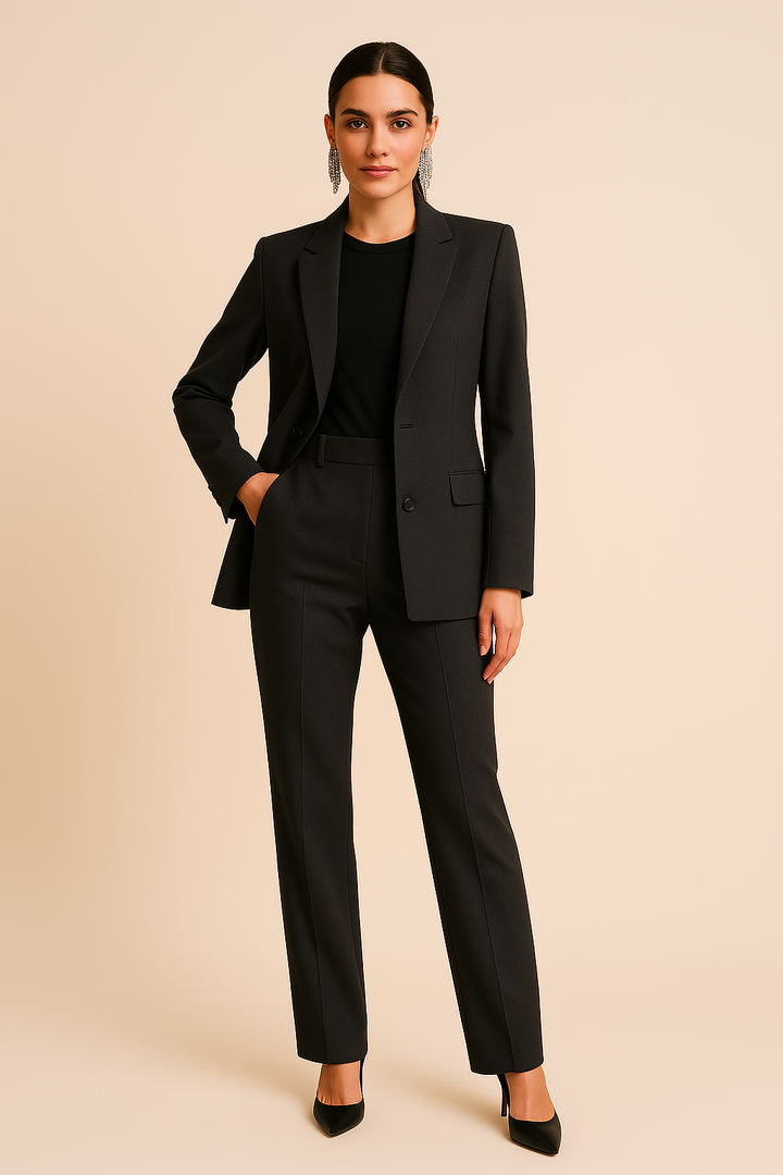 Professional women's pantsuit with a notch lapel blazer & straight leg pants. Sophisticated office attire.