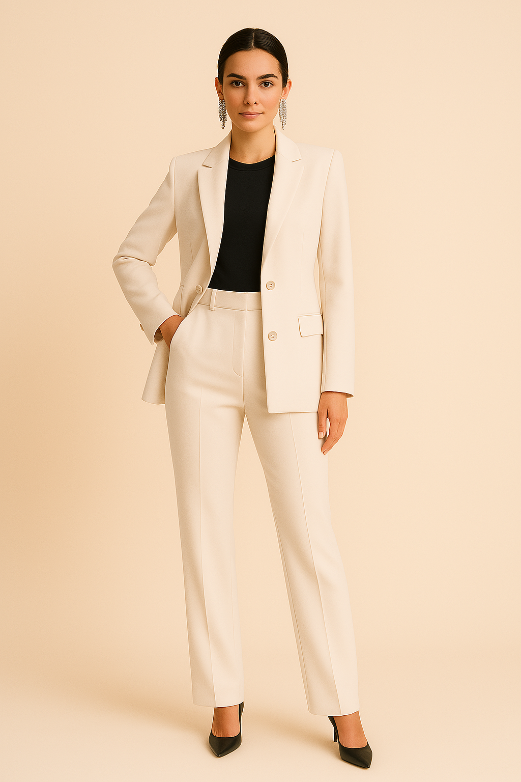 Stylish women's two-piece blazer & pants suit set. Sophisticated office wear or elegant business casual outfit.