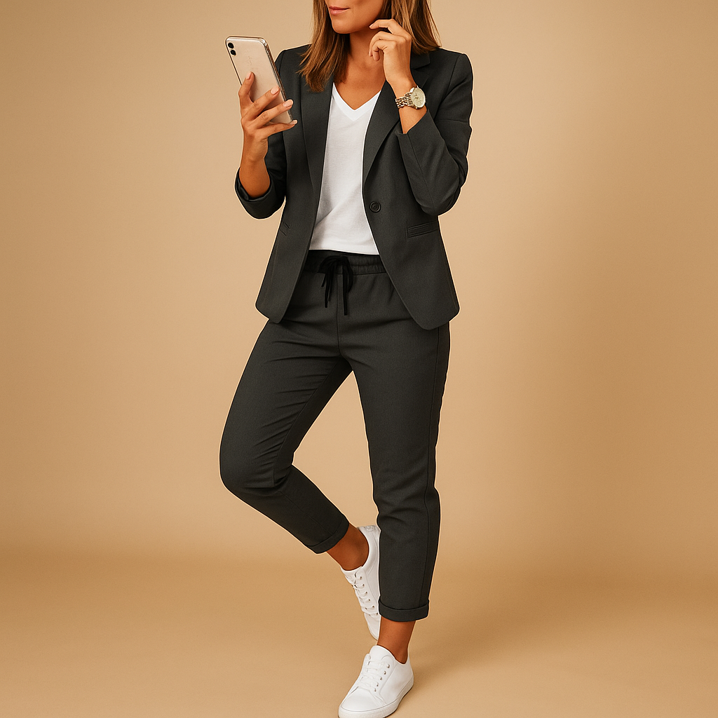 Sophisticated women's two-piece suit set featuring a tailored blazer and matching trousers for elegant style.