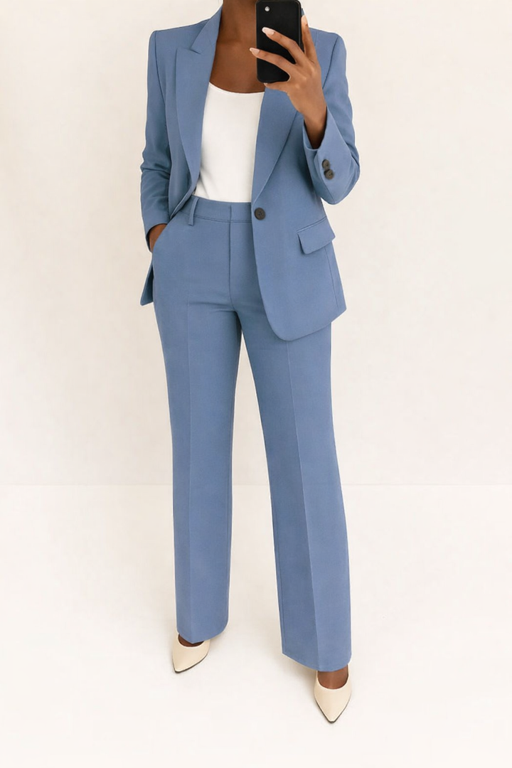 Elegant women's tailored blazer & wide leg pants suit set. Perfect for business or formal events.